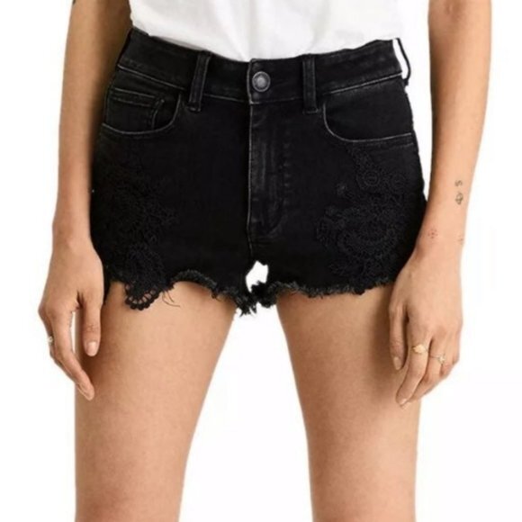 American Eagle Denim Cutoff Lace Hi-Rise Shortie Jean Shorts Black Size 4 - Picture 1 of 8